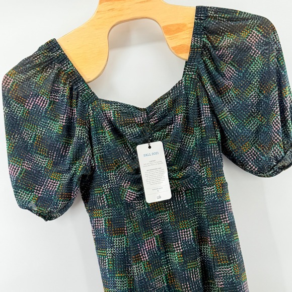 Cabi Elaine Dress Medium Open Road Artsy 3D Print Smock Boho Sheer Puff Sleeve - Picture 1 of 8